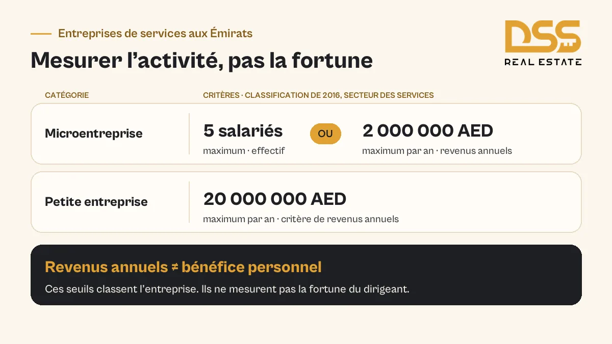Repères officiels des entreprises de services aux Émirats : 5 salariés, 2 millions AED et 20 millions AED de revenus annuels.