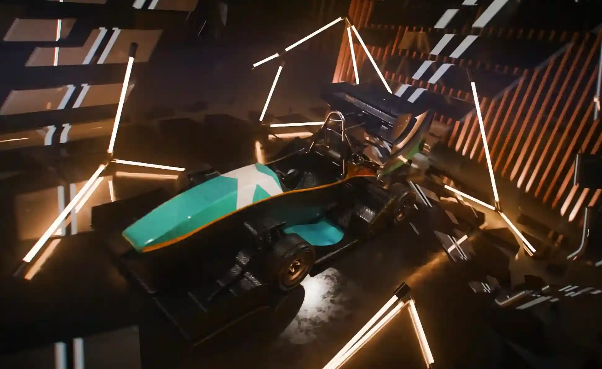 CGI-rendering av en Formula Student-bil i dramatisk studiobelysning
