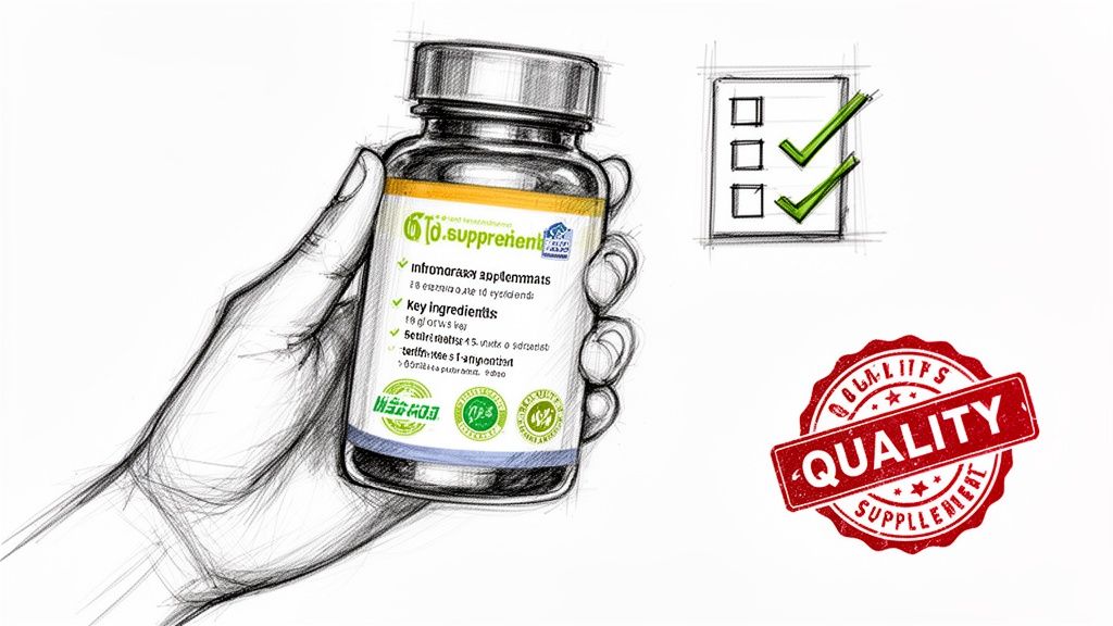 A hand holding a bottle of supplements with a quality assurance stamp and a checklist icon nearby.