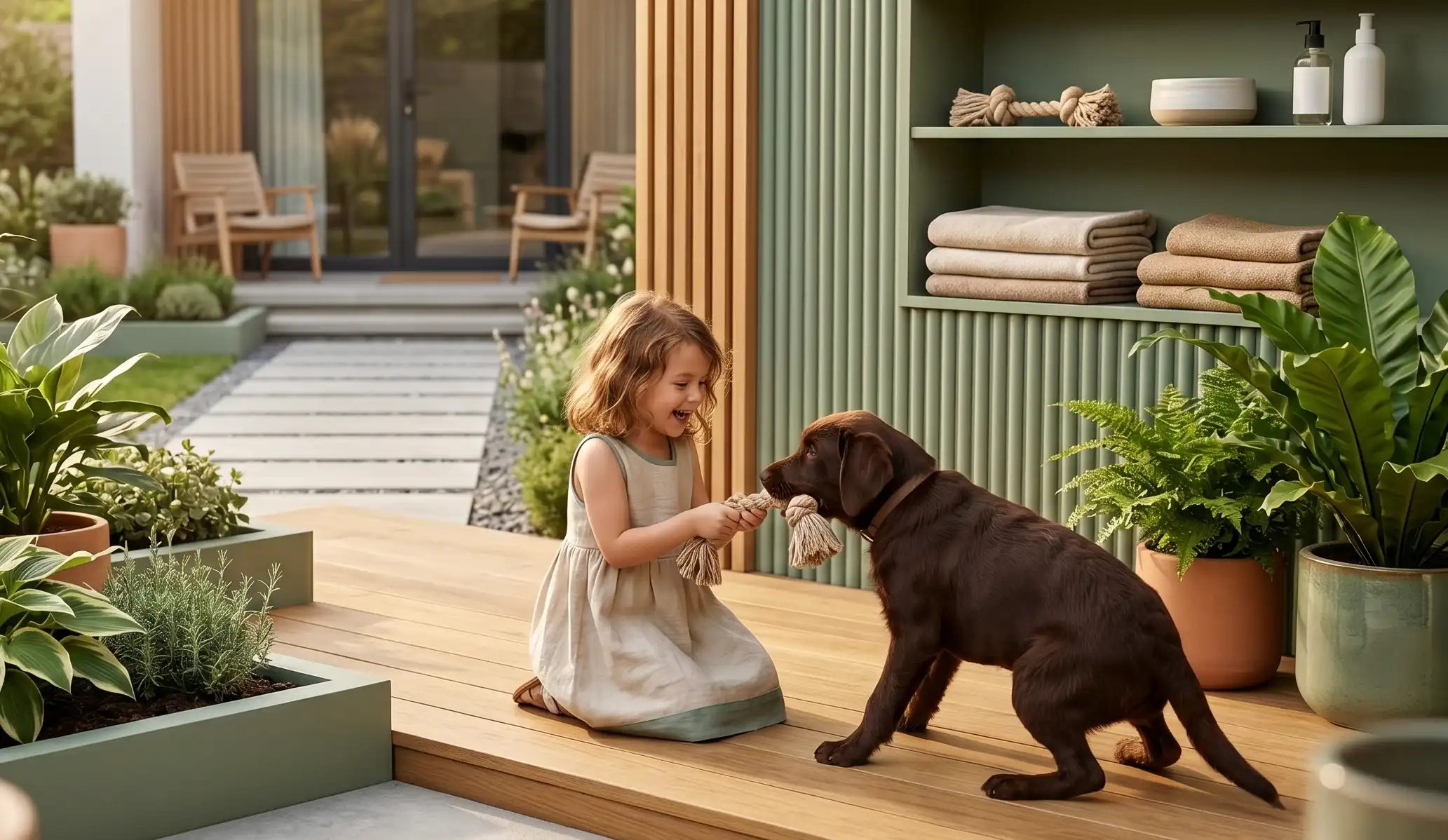 A joyful moment of a young girl playing with her dog