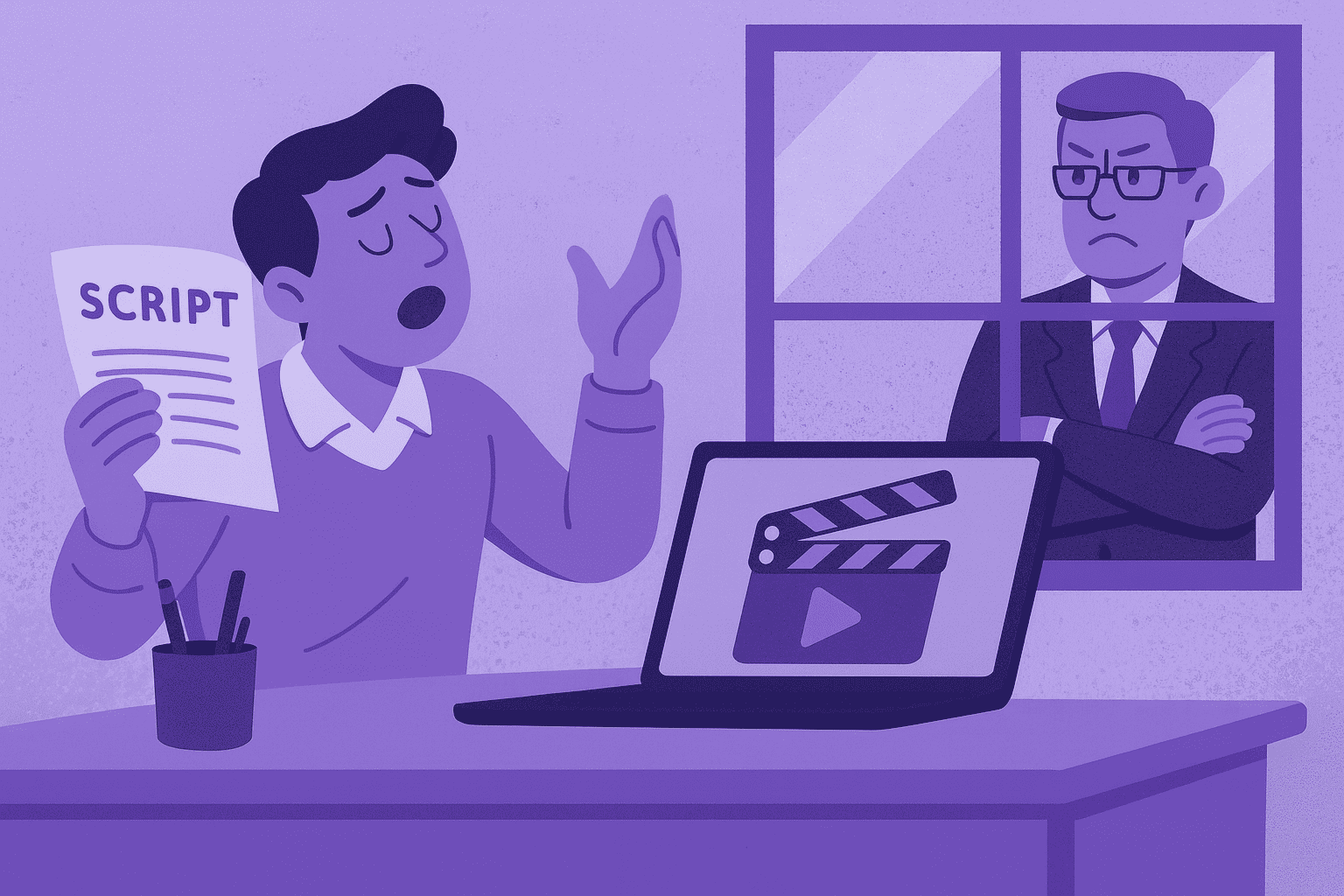 A flat-style digital illustration of a worker dramatically acting and reading a script at their desk, pretending to work, while a frustrated boss watches through a glass window, symbolizing staged productivity at work.