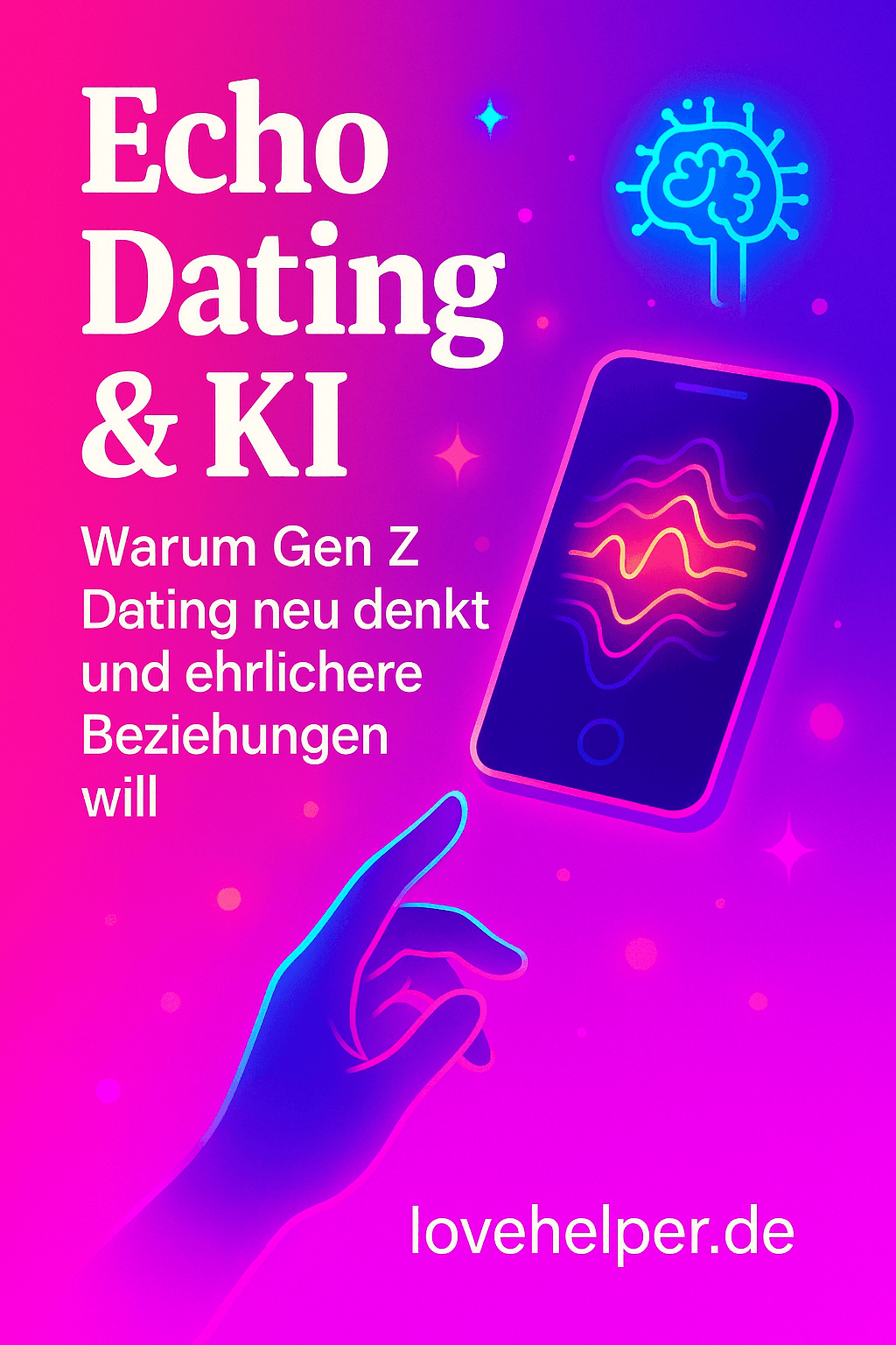 Futuristische Illustration zum Thema Echo Dating und Künstliche Intelligenz – zwei Silhouetten verbinden sich über leuchtende Datenlinien in modernen Neonfarben. Symbol für ehrliche, KI-gestützte Beziehungen der Gen Z. | lovehelper.de
