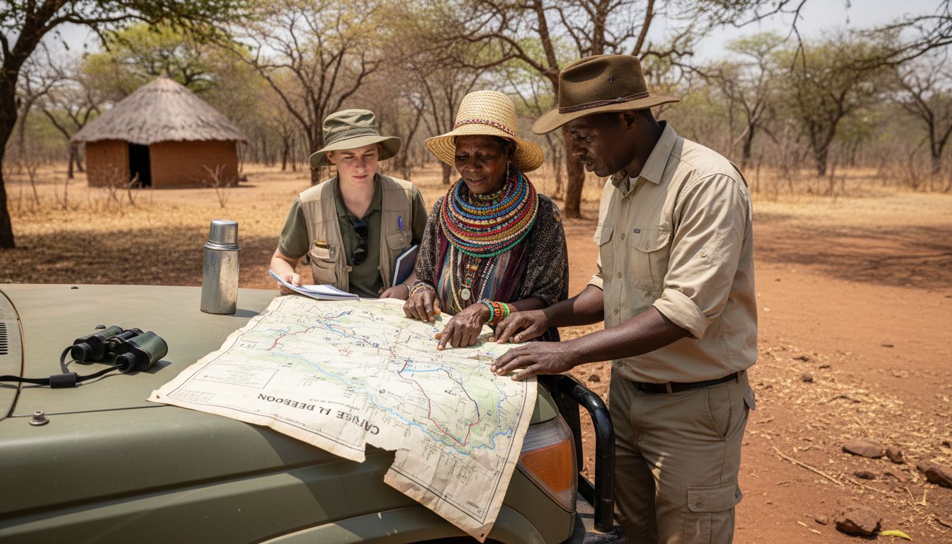 Trois personnes examinent ensemble la carte des concessions de safari.