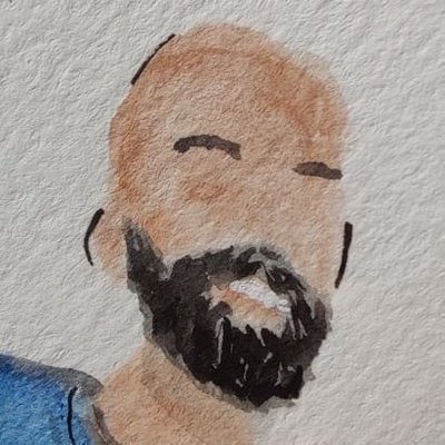 A close-up watercolor painting depicts a bald individual with a thick, dark beard, smiling subtly, against a textured, light-colored background.