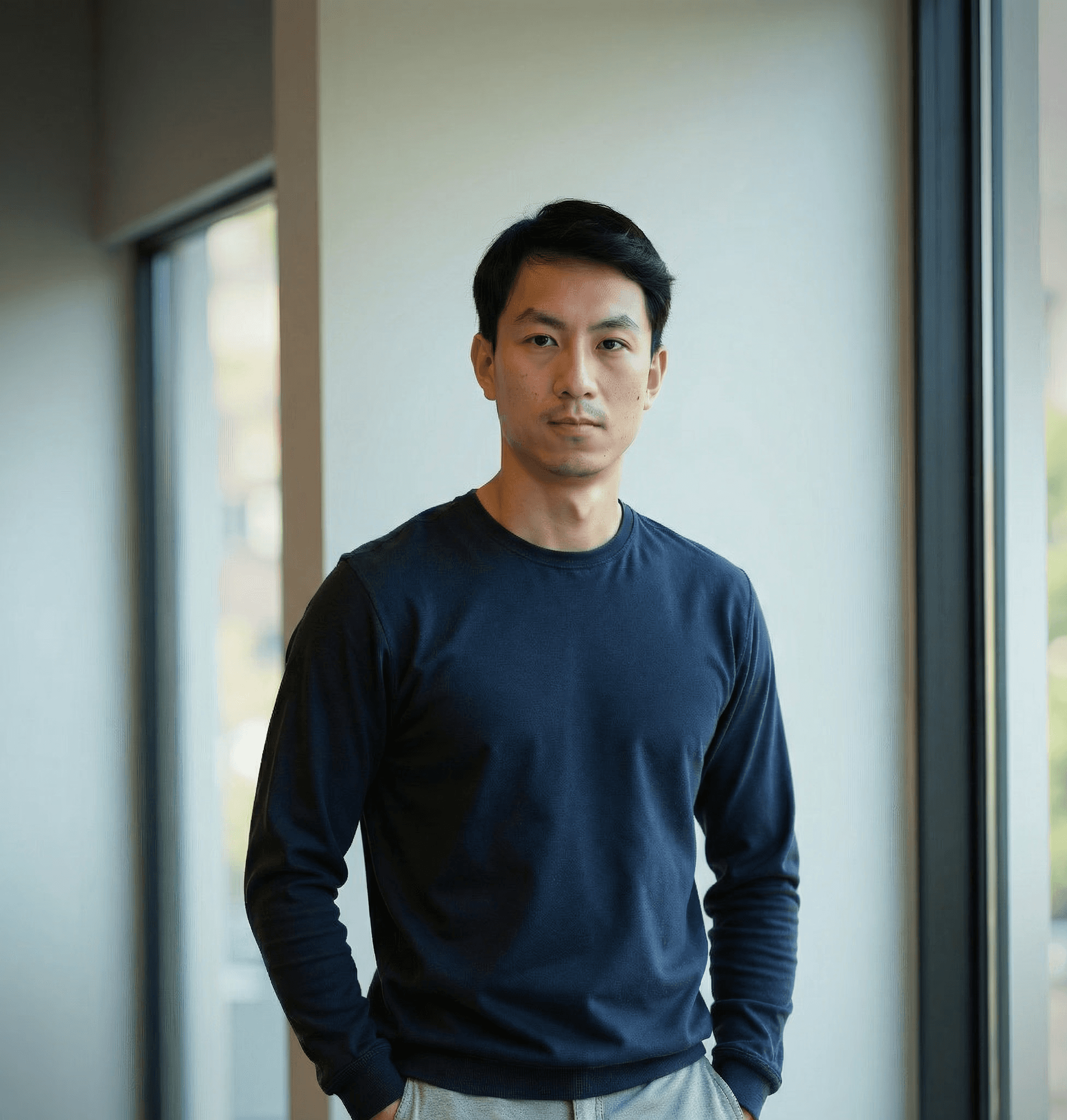 Close-up portrait of a person wearing a gray insulated hooded jacket with the hood up, showing their face framed by the hood against a light background.