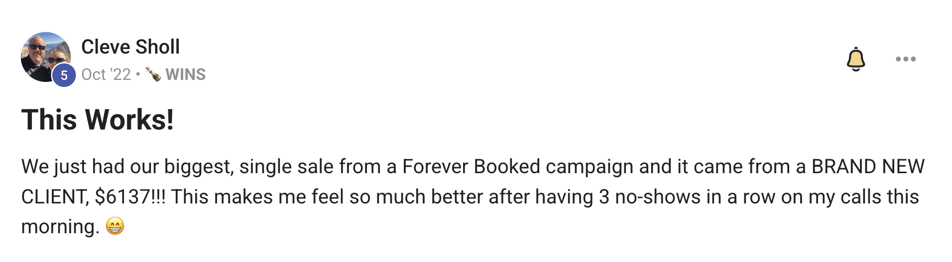 Forever Booked revenue results displaying Aesthetic Solutions biggest single sale of $6,137 from a new client acquired through Meta Ads October 2022