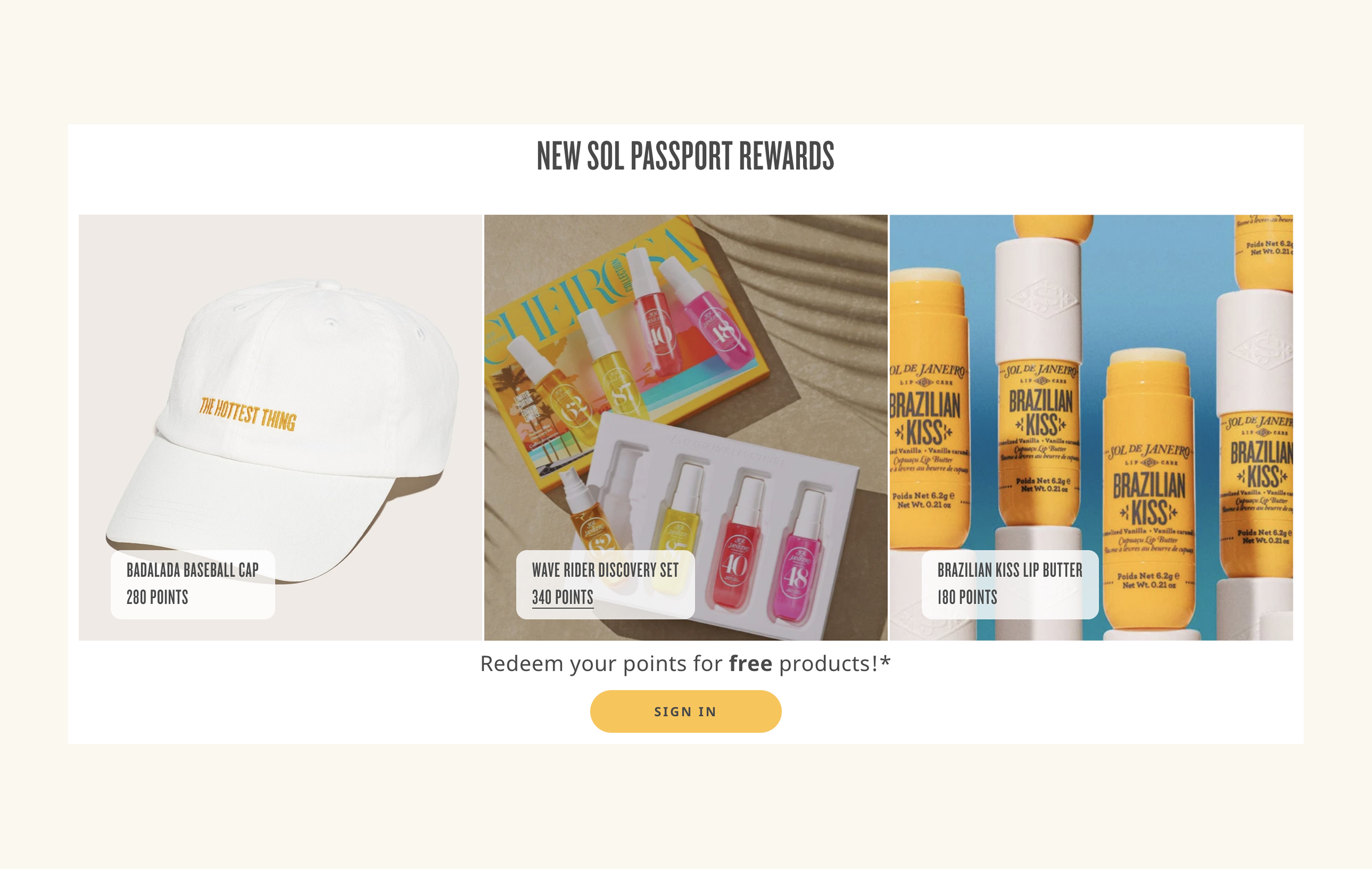 Sol de Janeiro product card showing reward points earned per purchase