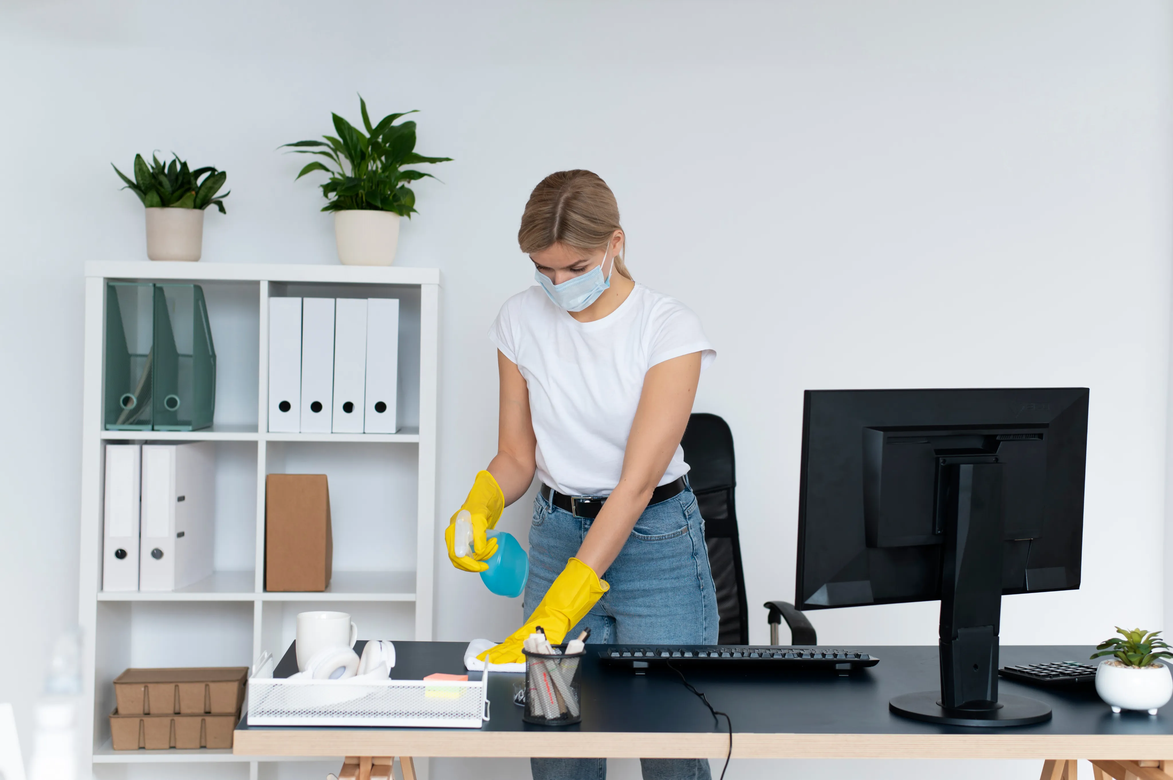 A female janitor wearing a face mask and yellow gloves cleaning a desk surface in a clean, minimalist office environment.