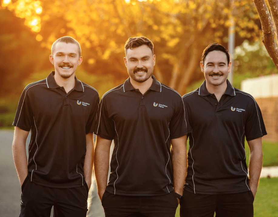 3 plumbers working for precision pipes plumbing in hills district sydney australia, happy faces, smiling, neighbourly tradesmen