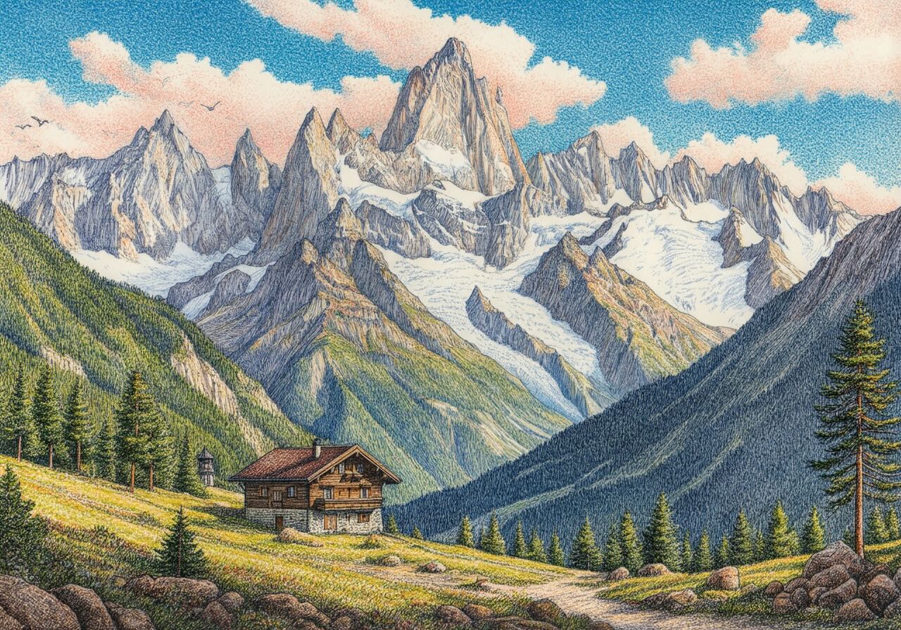 A detailed illustration of the Swiss Alps, featuring a wooden chalet on a grassy hillside, towering snow-capped peaks, and a scenic mountain valley.