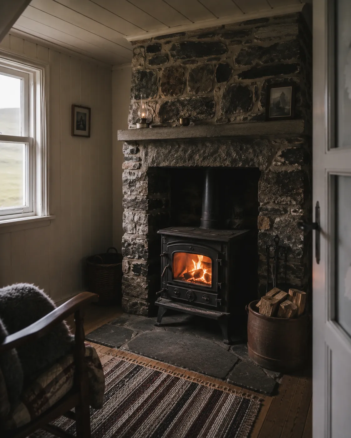Rustic stone fireplace with a wood-burning stove inside a cozy mountain chalet living space.