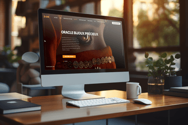 Mockup du site Oracle Bijoux Précieux affiché sur un iMac, montrant un visuel d’œil orné d’un voile rouge et de bijoux dorés.