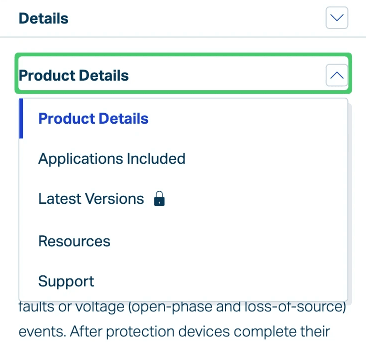 A screenshot of a mobile view of the software details page interface with the tab navigation comonent open