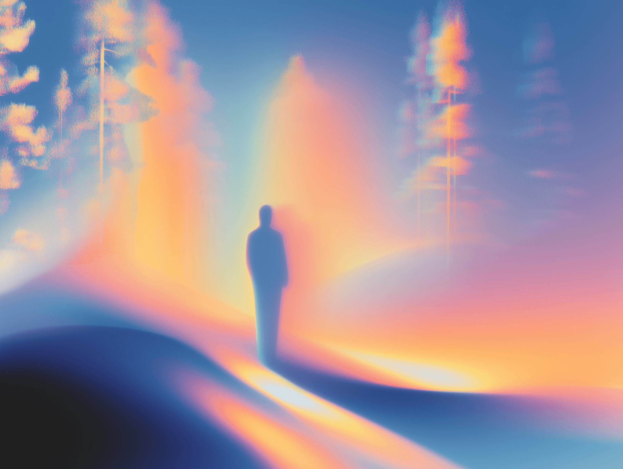 Silhouette of a person in abstract, colorful landscape.
