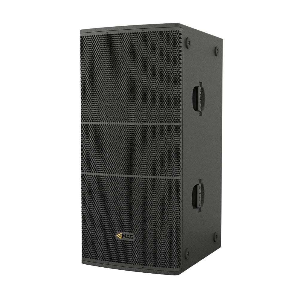 Black stacked speakers with perforated silver grilles and handles.