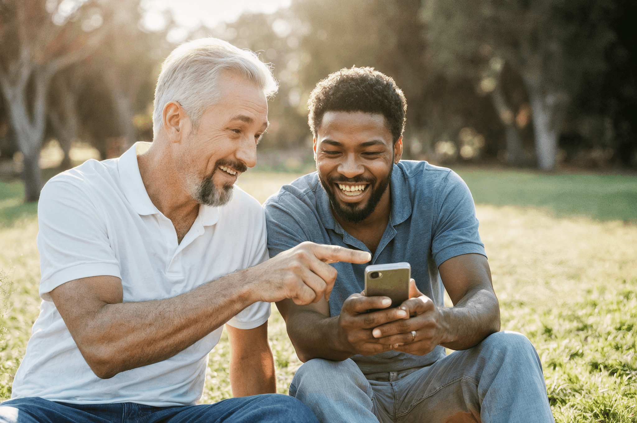 woman holding a phone and man looking at the phone. both are smiling