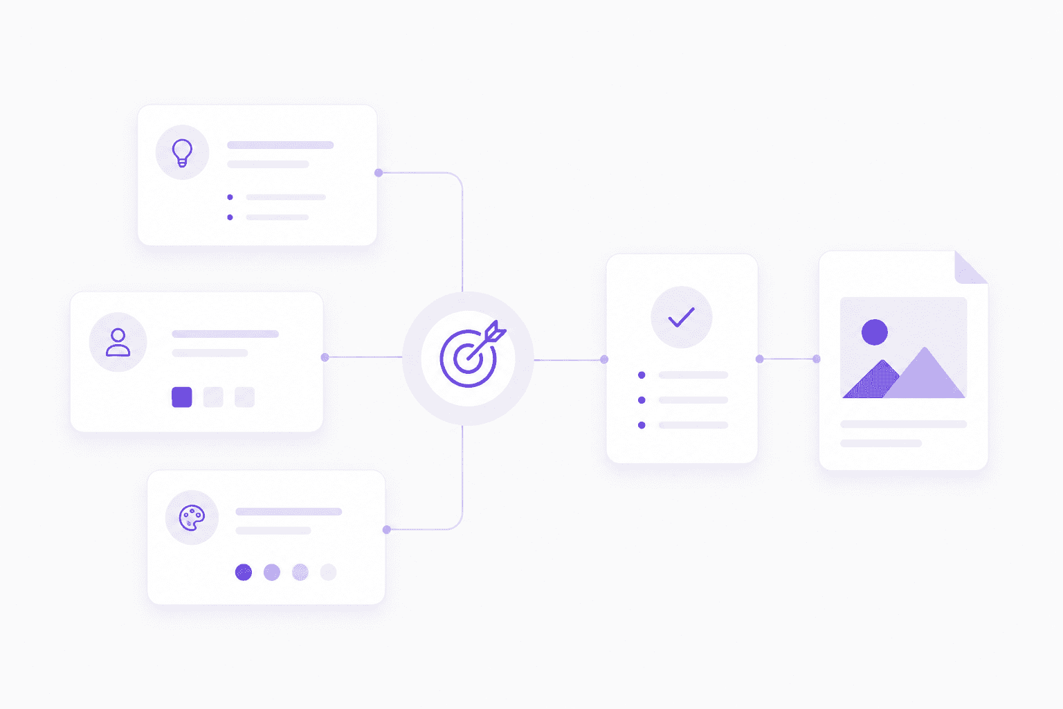 Creative project planning illustration with goal icon, brief cards, checklist card, and image file preview