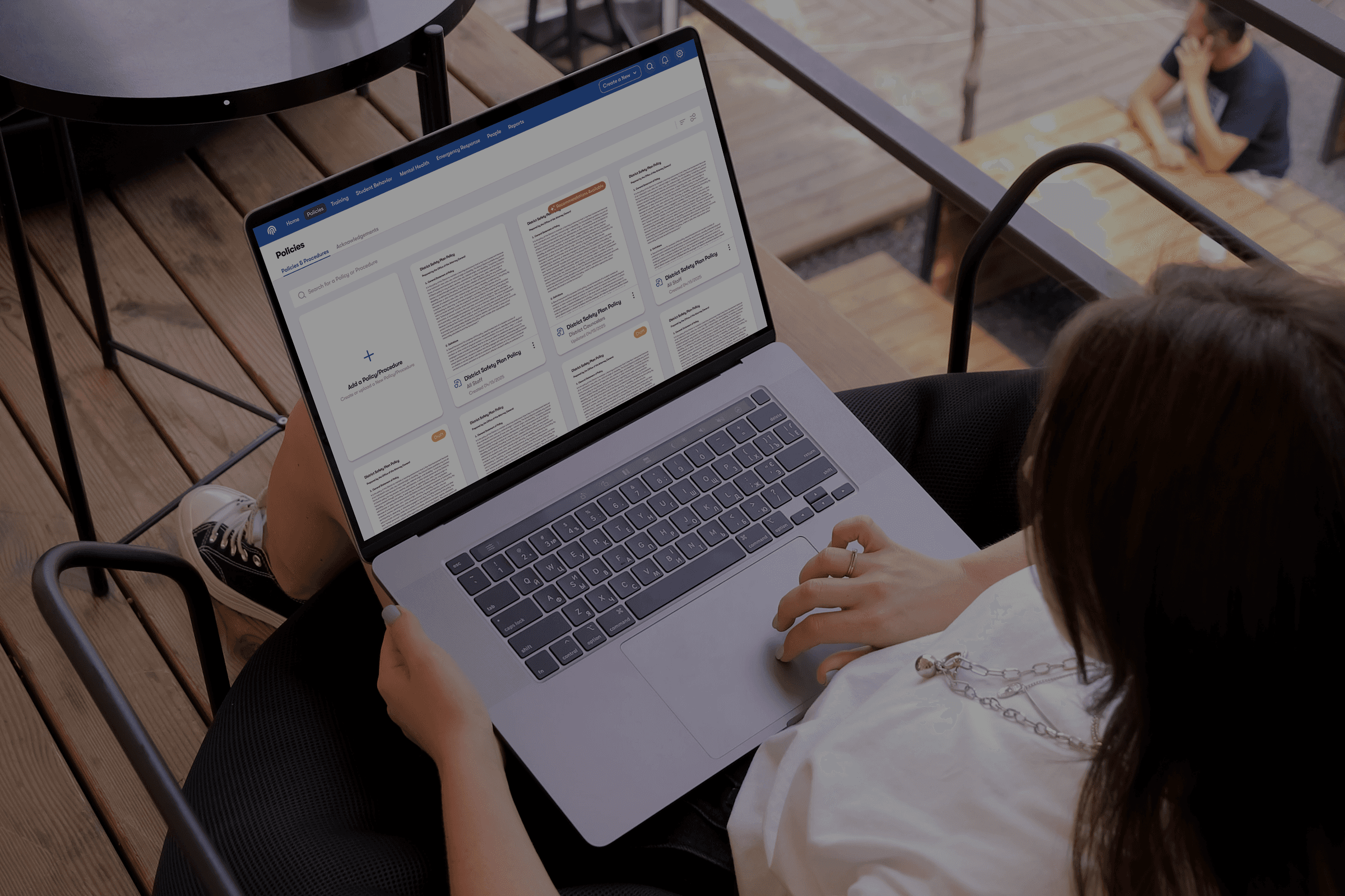 Image of a mockup of Impact Suite software dashboard. It shows the user the number of concerns and cases, it shows a concerns timeline, it lists the top students who need personal care, and it gives details into who has/has not compnleted safety trainings and policy acknowledgements.