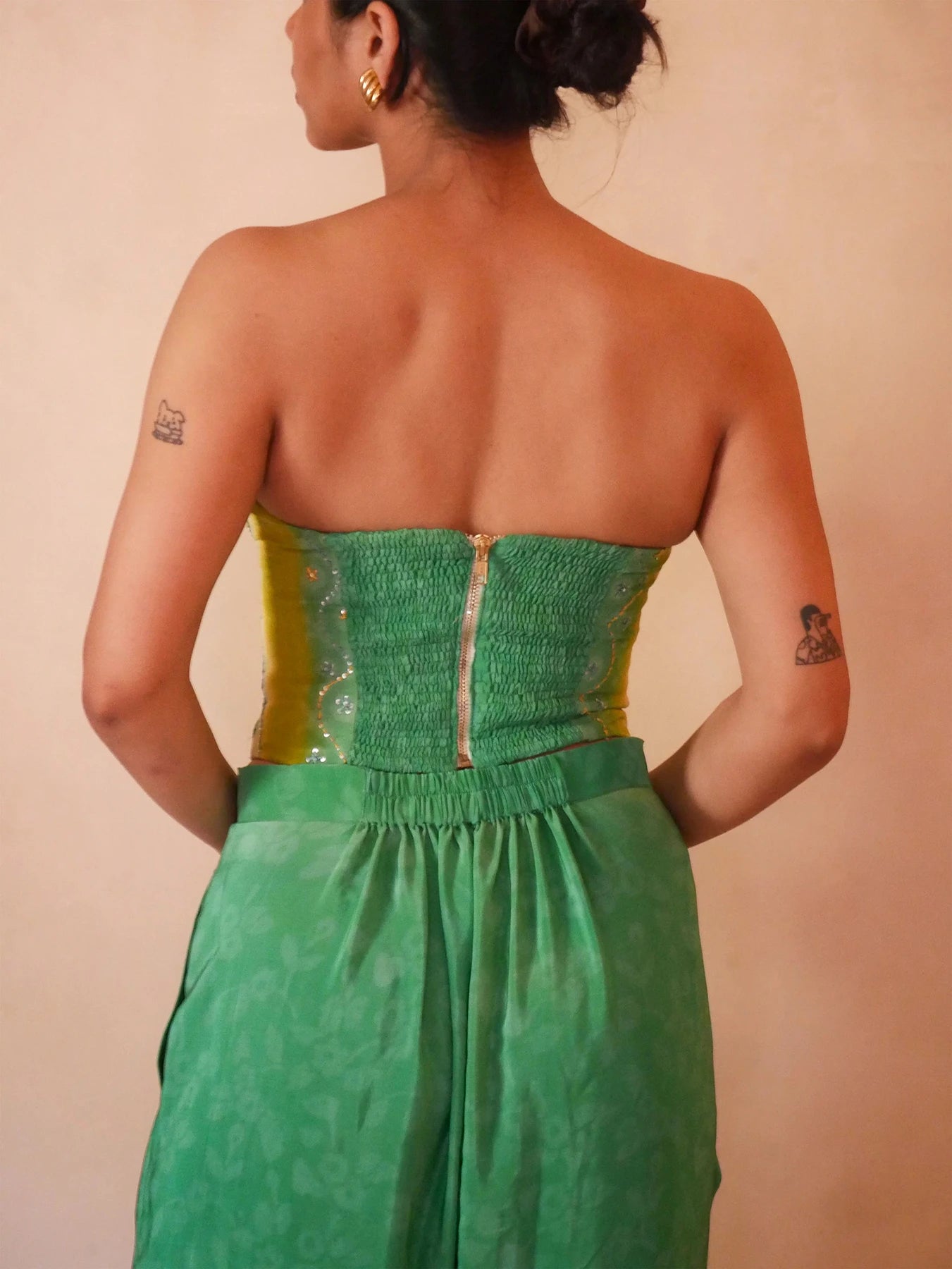 SWARA handcrafted silk corset from vintage saree with sweetheart neckline, tapered waist and adjustable back ties.