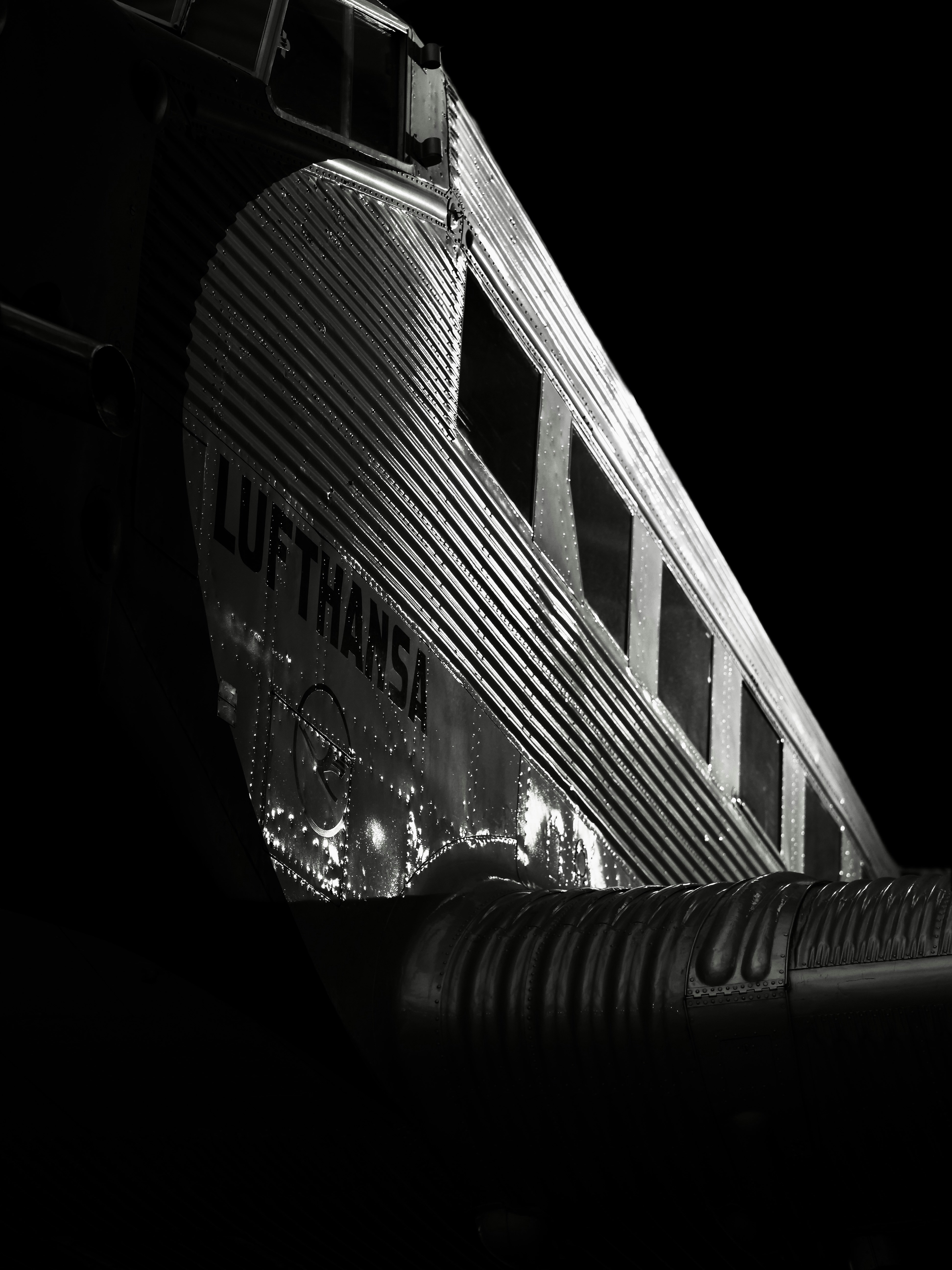 Vintage lufthansa airplane exterior at night