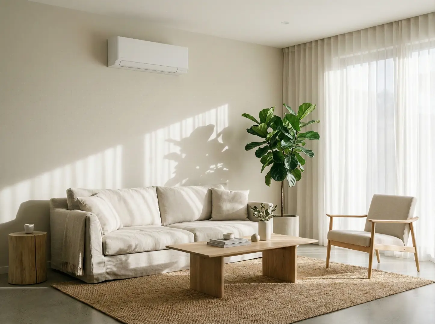 Intérieur lumineux avec clim réversible. Canapé beige et déco épurée. Confort thermique & économies d'énergie.