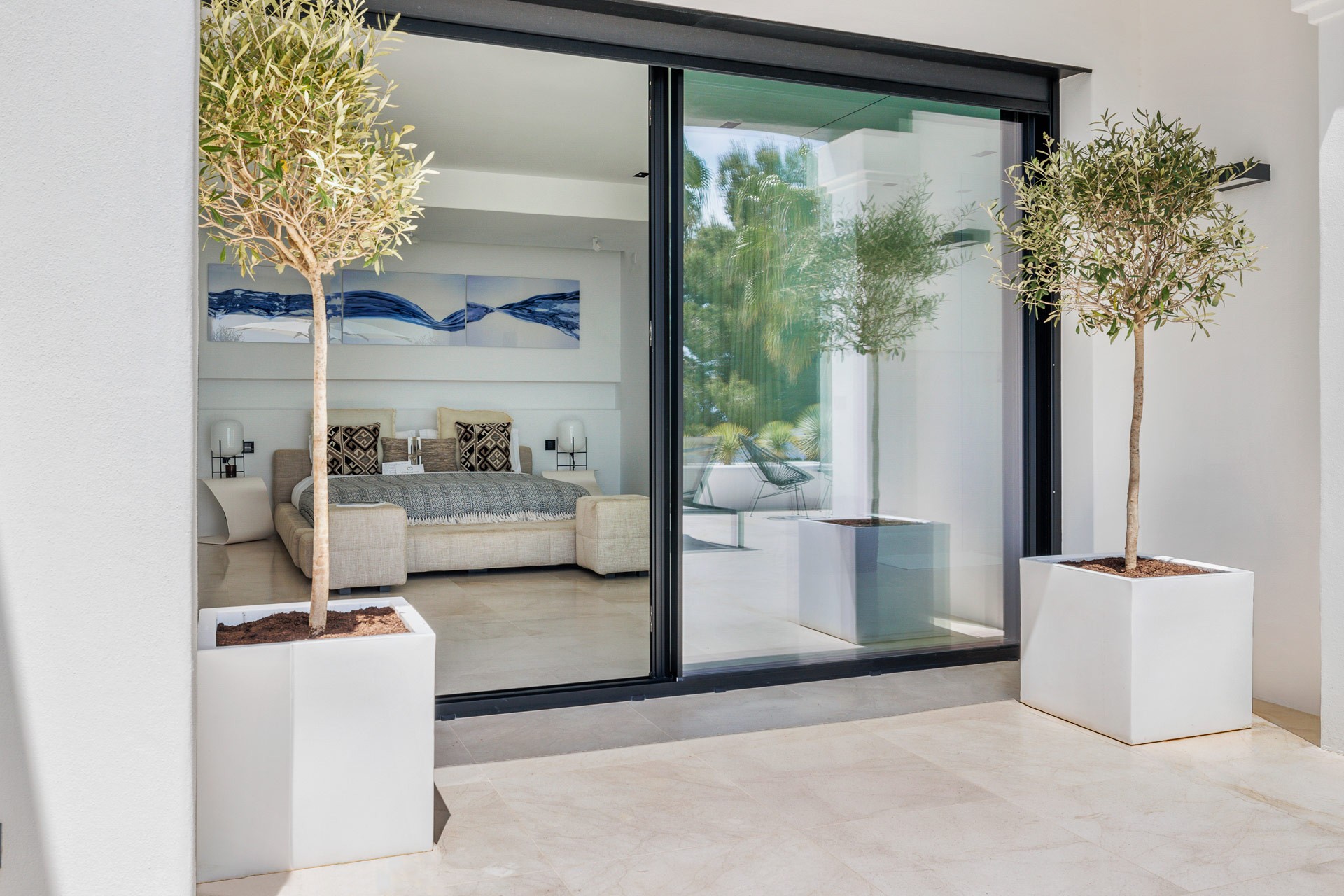 Exclusive Luxury Villa Ibiza – Master Suite Terrace Inside View – private privacy VIP estate property for wedding events and holiday retreats.