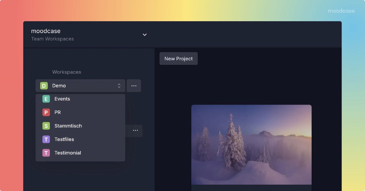 Dashboard interface with workspace options and a snowy landscape image.