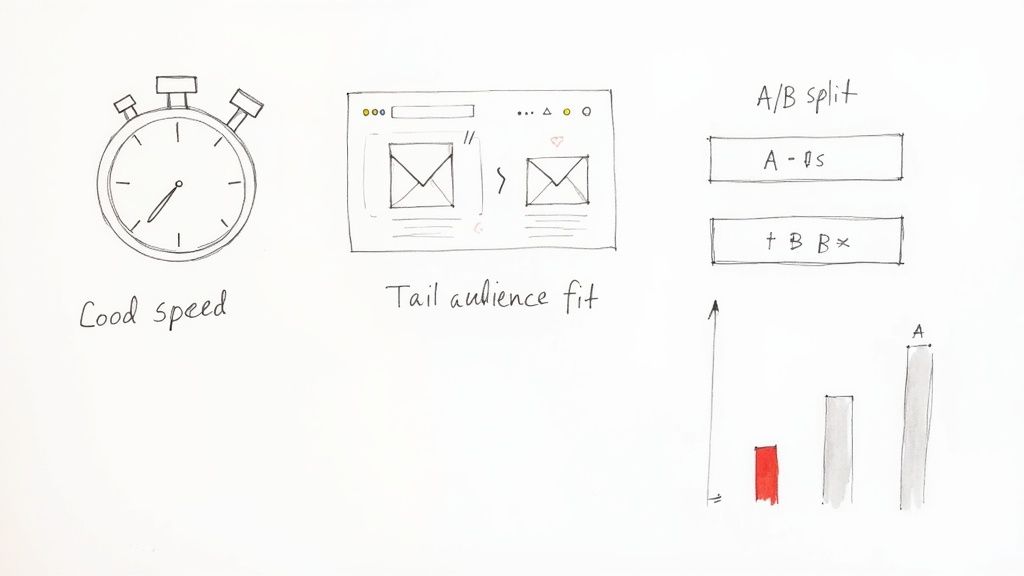 Hand-drawn concepts illustrating good speed, ideal audience fit, and A/B split test results with a bar chart.