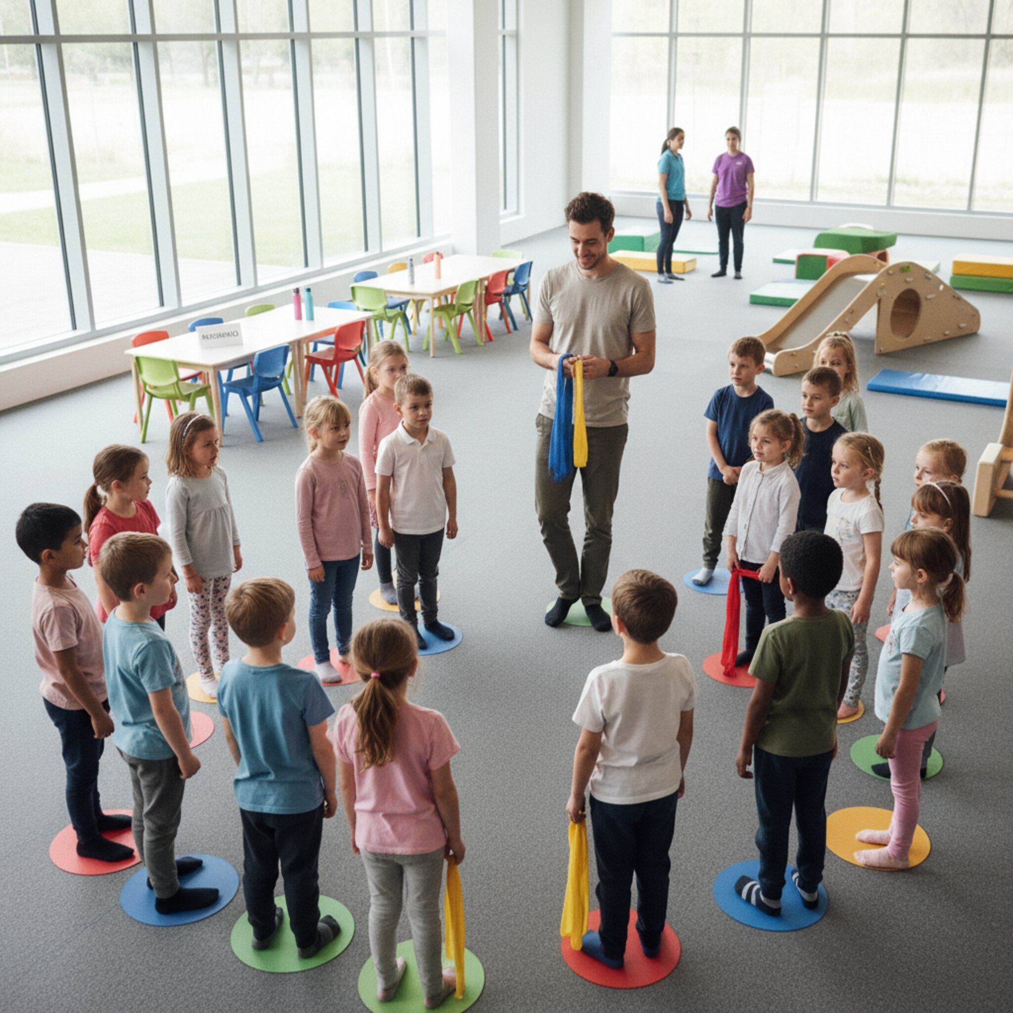 Eine Schulklasse wartet sortiert auf markierten Bodenflächen. Ein Betreuer verteilt farbige Bänder und zählt leise ab, während im Hintergrund ein separater Bereich mit Tischen für die Gruppe reserviert ist. Große Fenster lassen Tageslicht herein, die Szene wirkt ruhig und gut koordiniert.