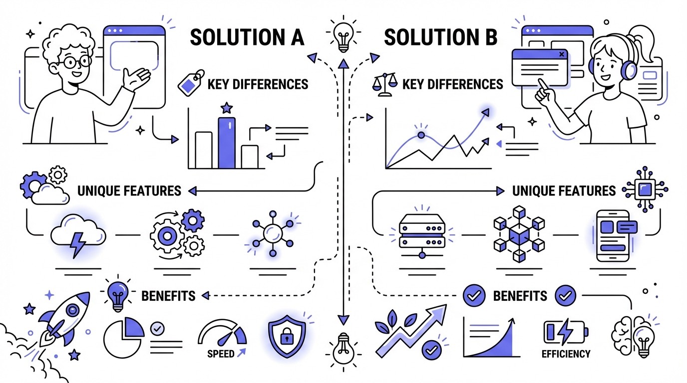 Infographic comparing two technological solutions, highlighting key differences, features, and benefits with modern tech icons and data visualizations.