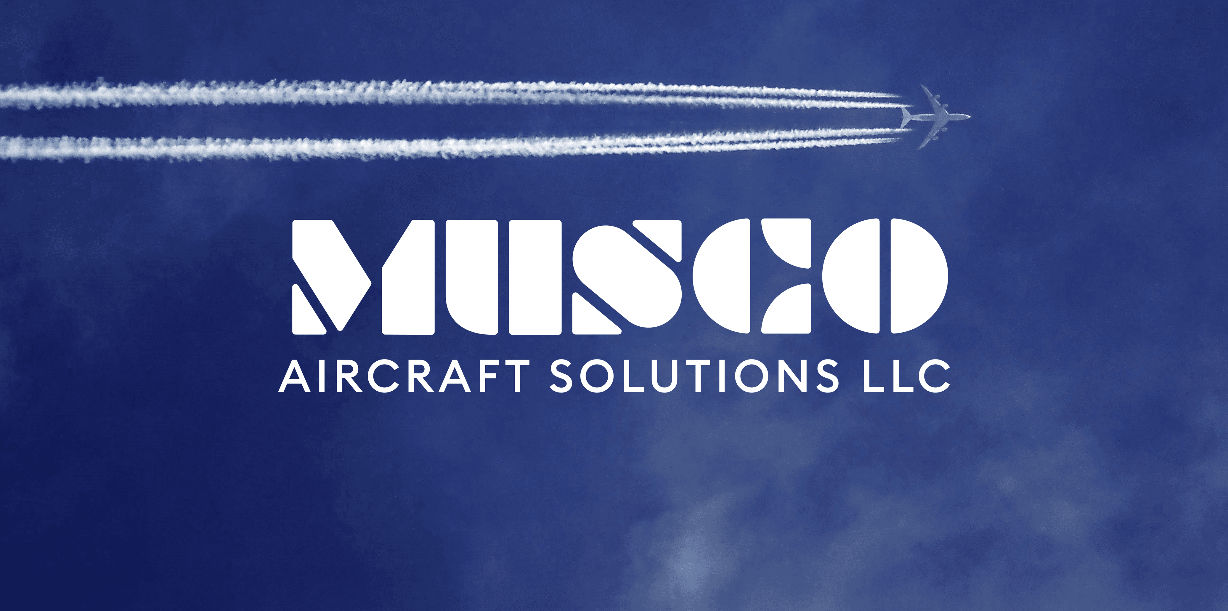 Graphic design mockup of a header over a photo of an airplane flying in the blue sky with jet trails for Musco Aircraft Solutions — modern, geometric wordmark logo with a clean brandmark with a clean sans serif typography, designed by Will Lefkovich.