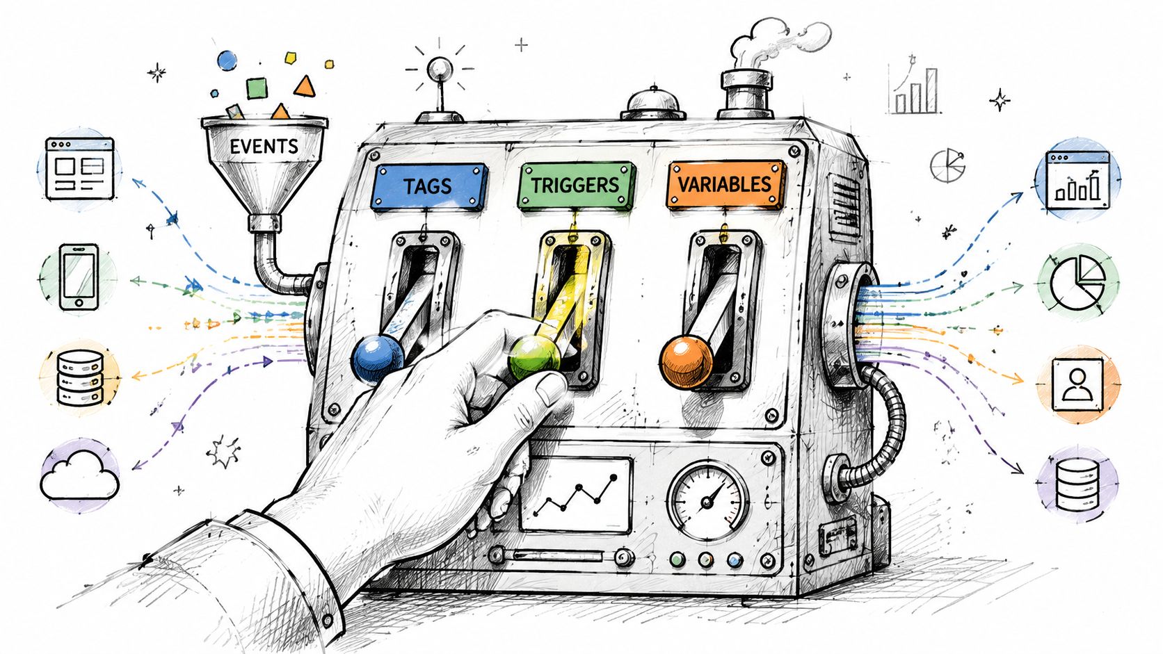 A hand pulling a lever on a machine representing Google Tag Manager events, tags, triggers, and variables.