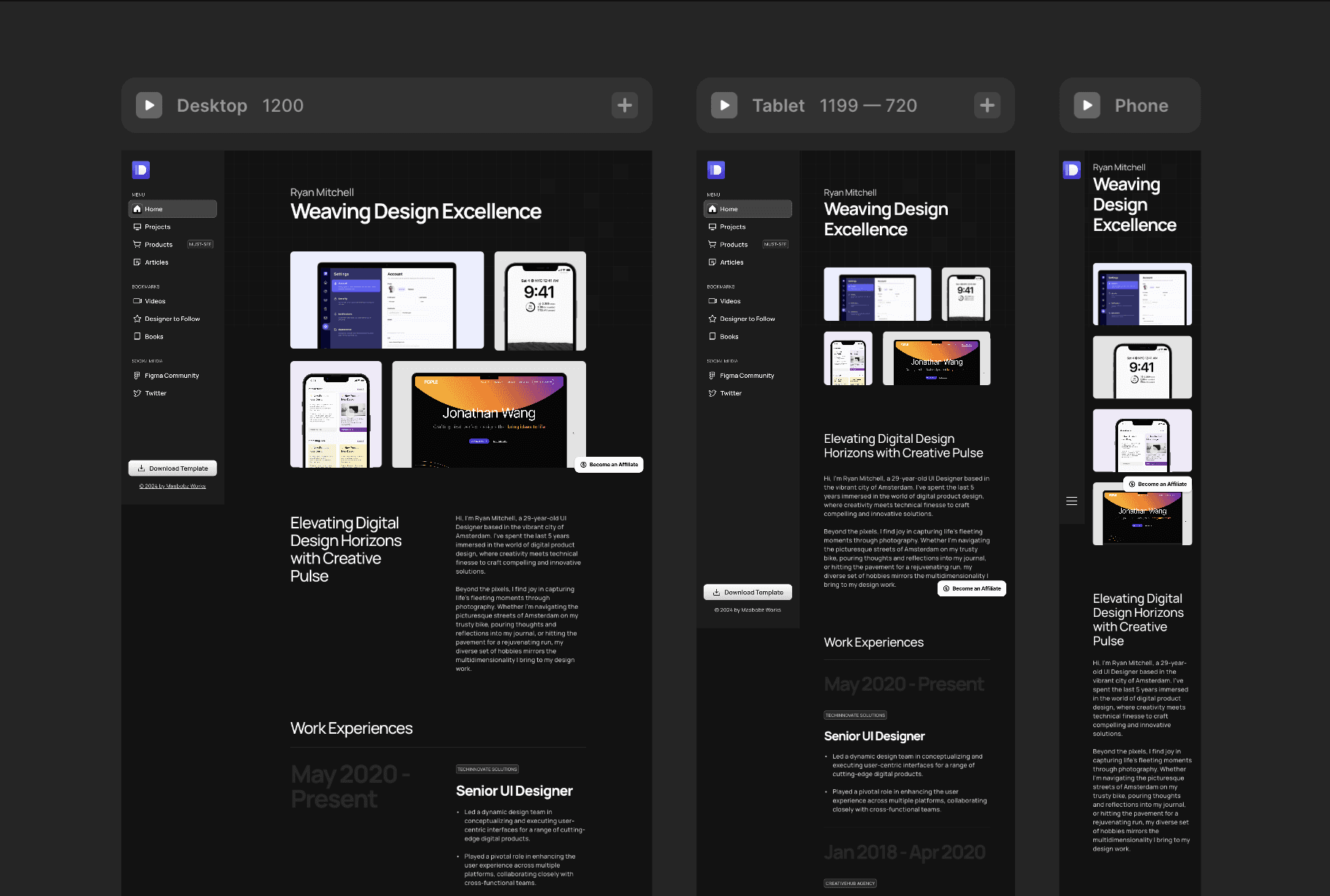 3 different breakpoints (desktop, tablet, phone) of Dashbar Framer template displayed in Framer