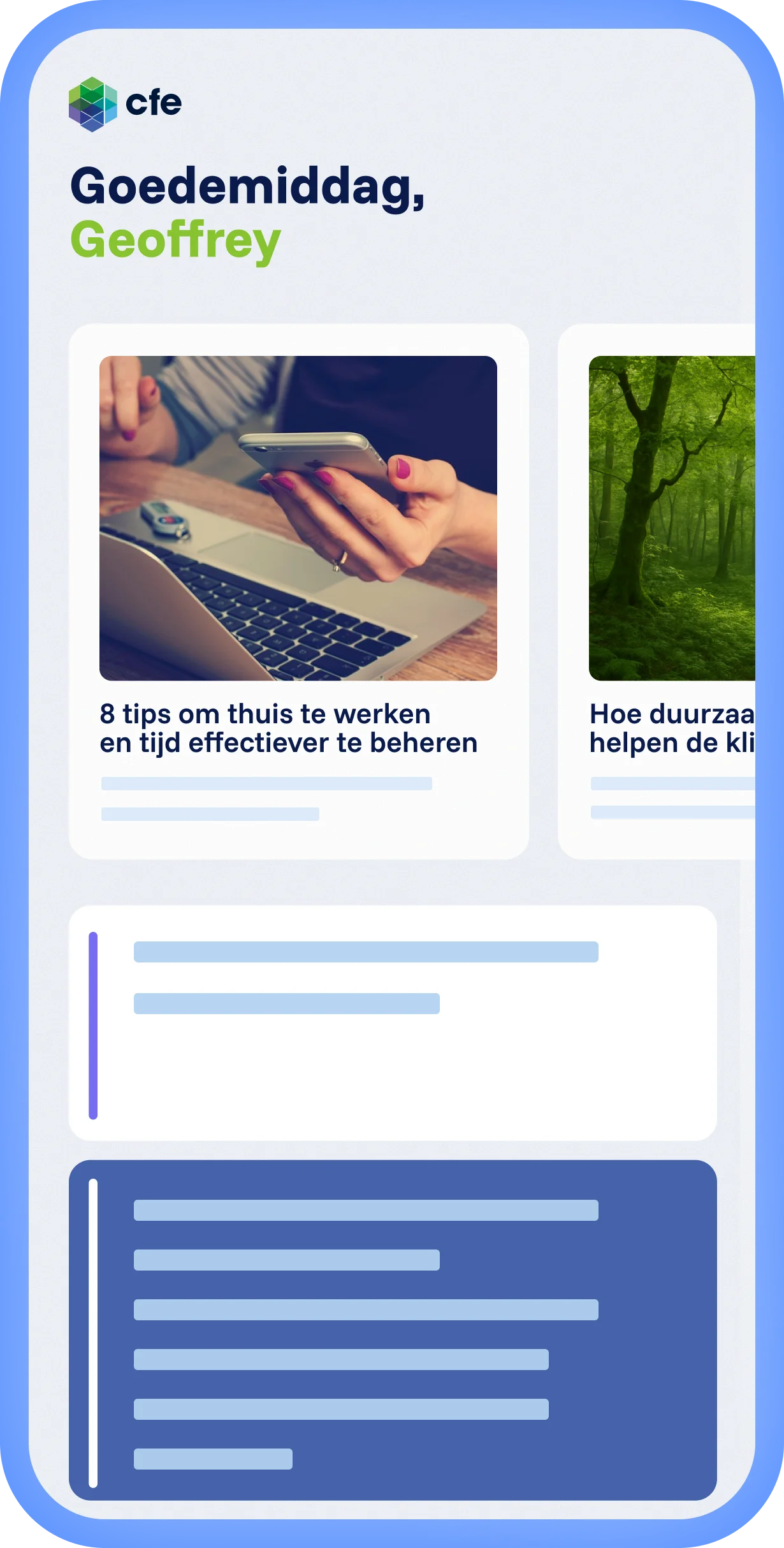 Spencer platform met lokale ervaring en eigen CFE branding, gepersonaliseerde feed met artikelen en overzichtelijke layout