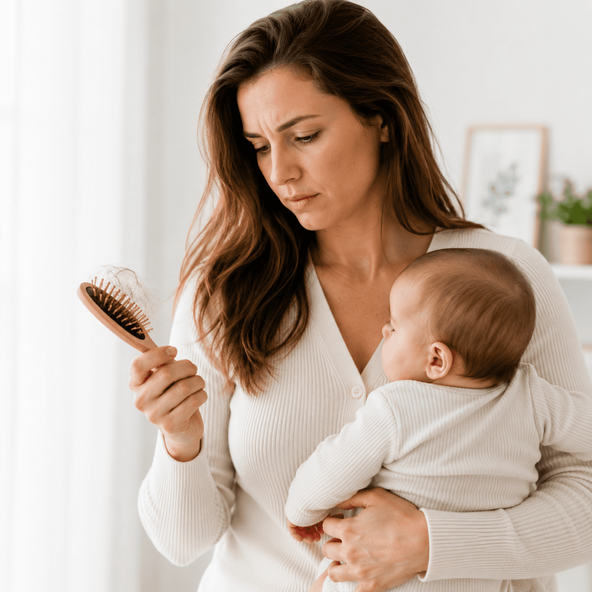 Nederlandse vrouw bekijkt haren in een haarborstel terwijl zij haar baby vasthoudt, als illustratie van tijdelijk haarverlies na de zwangerschap.