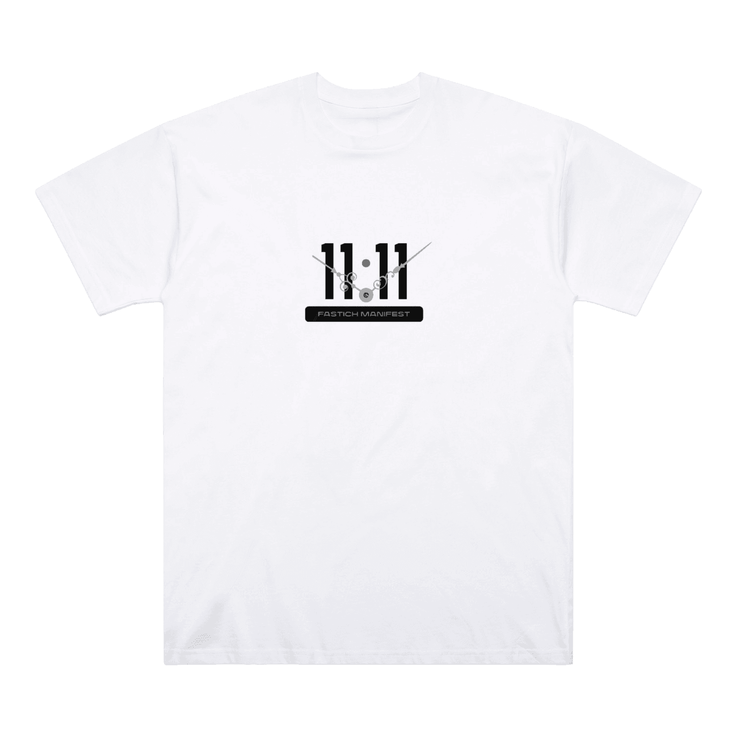 White t-shirt with a black graphic design on a white background