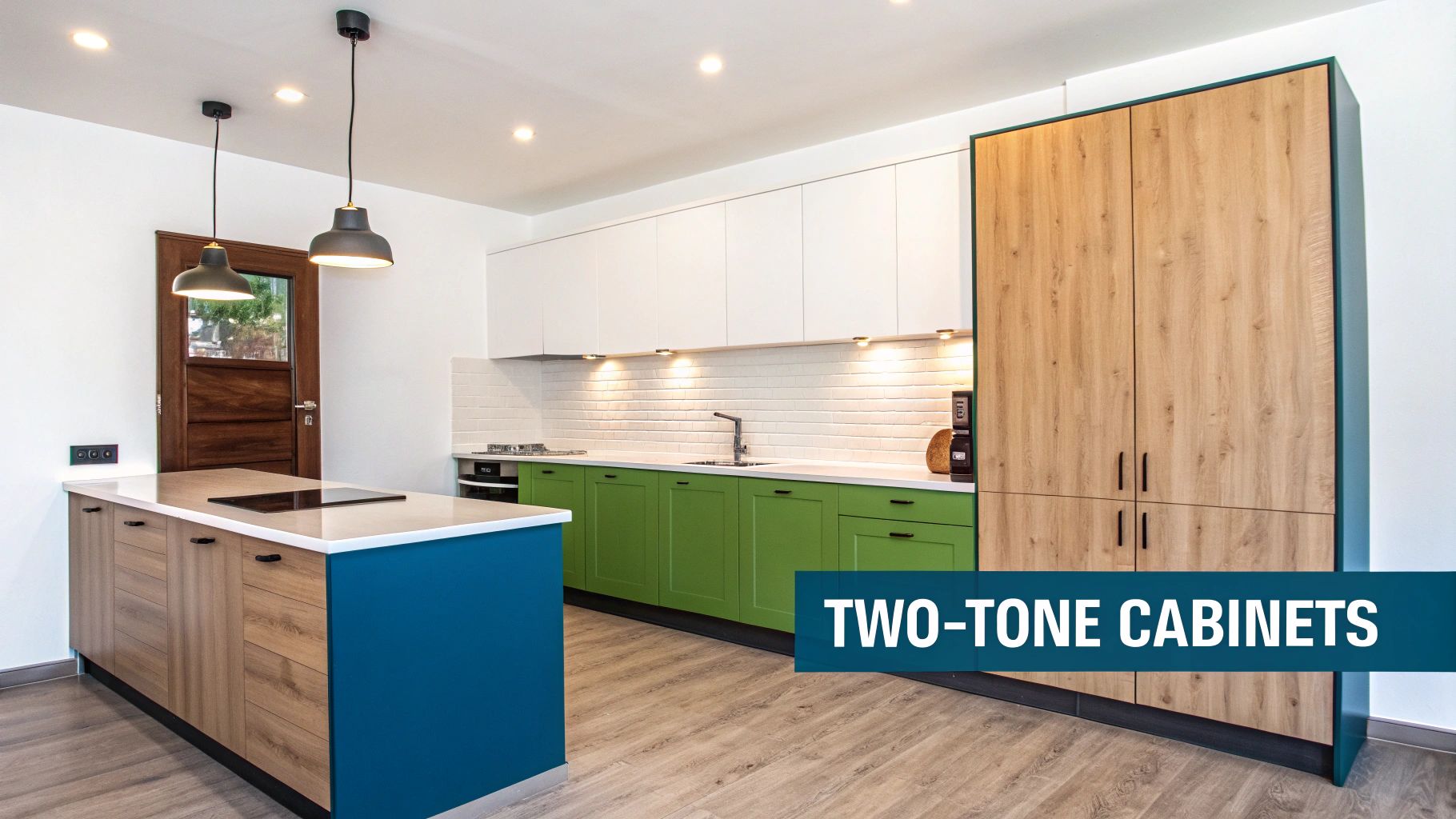 A modern kitchen featuring a two-tone design with white, green, wood, and blue cabinets, including an island and pantry.