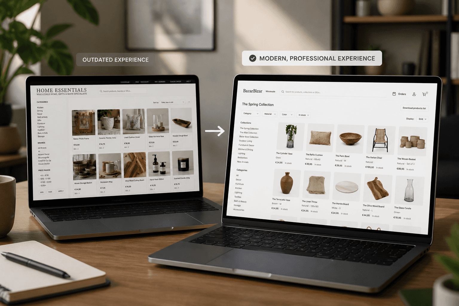 Comparison between a traditional webshop and a modern B2B portal powered by Orderchamp Cloud, displayed on laptops in a professional office setting