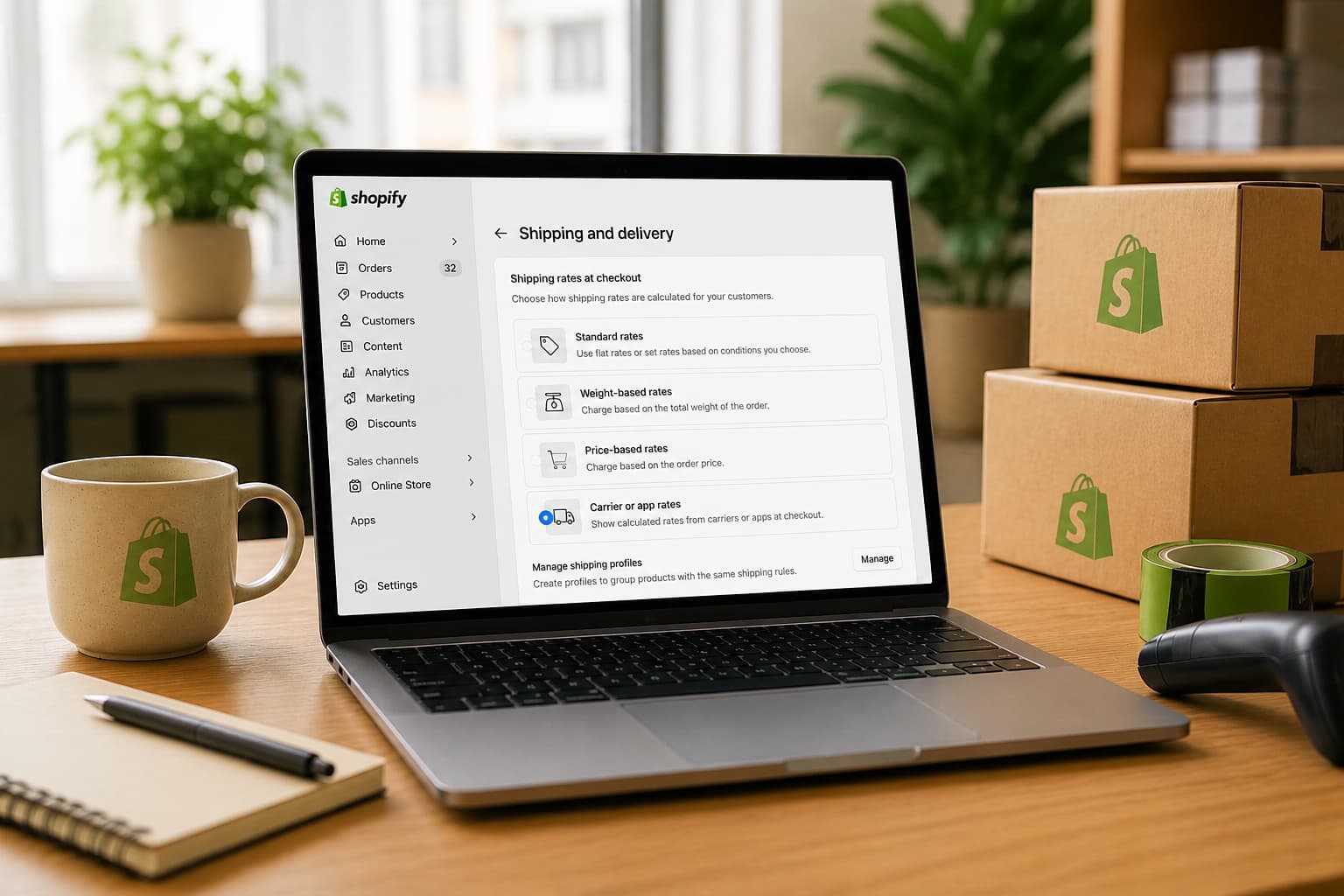 Shopify dashboard showing shipping cost settings, shipping profiles, and carrier-calculated rates.