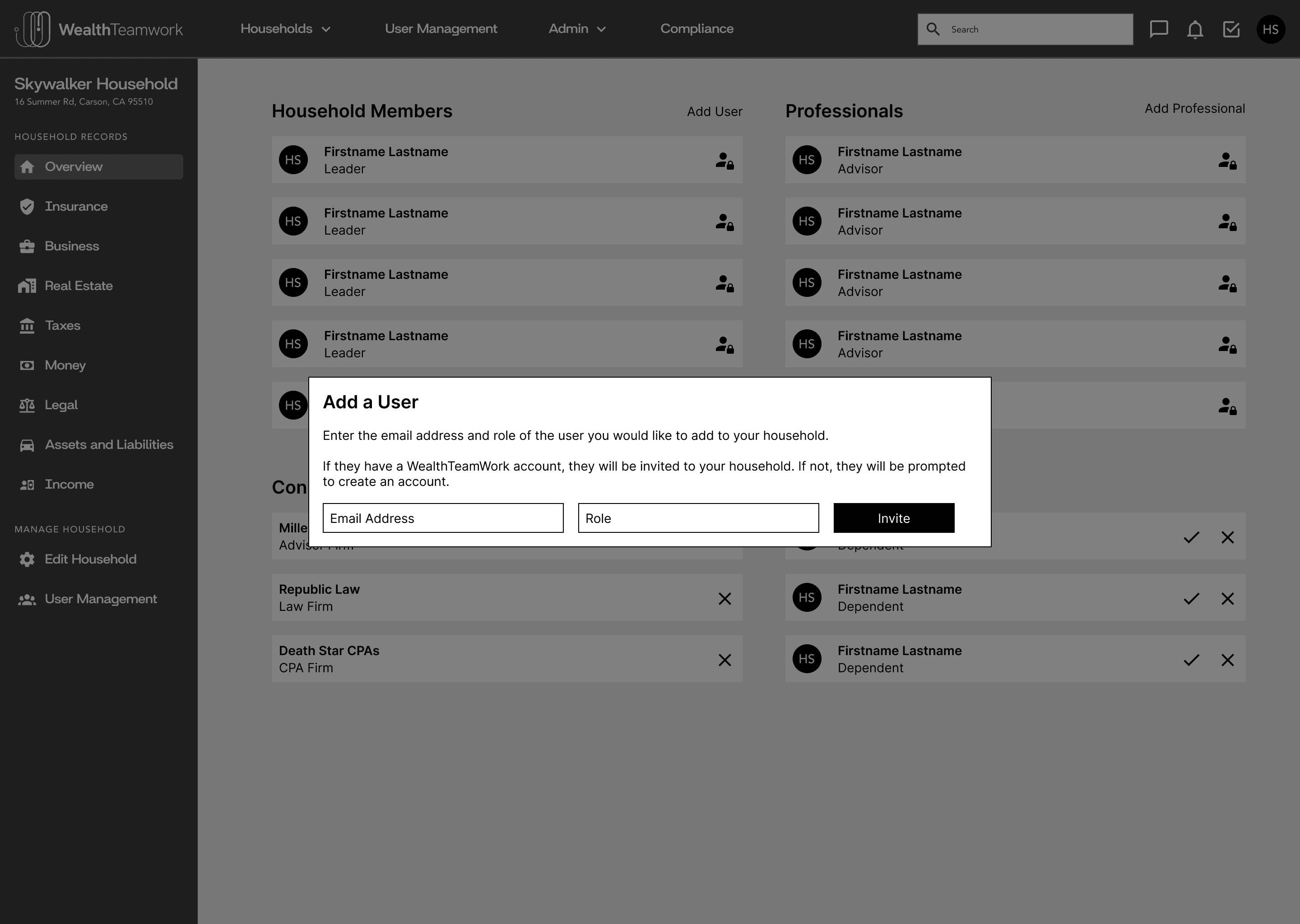 Low-fidelity wireframe of a streamlined add-user form reducing the process to a few essential fields for quicker household member setup.
