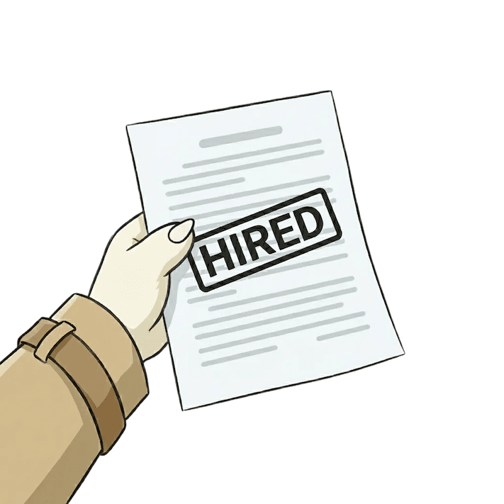 An illustration of a bear's hand holding a paper that has a stamp with the word "Hired"