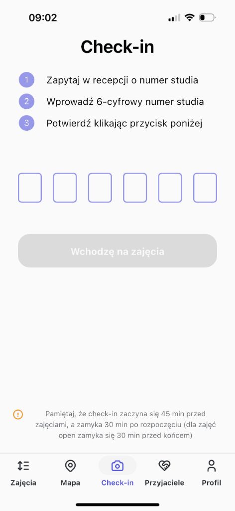 Checkin view of BodyVibes mobile app.