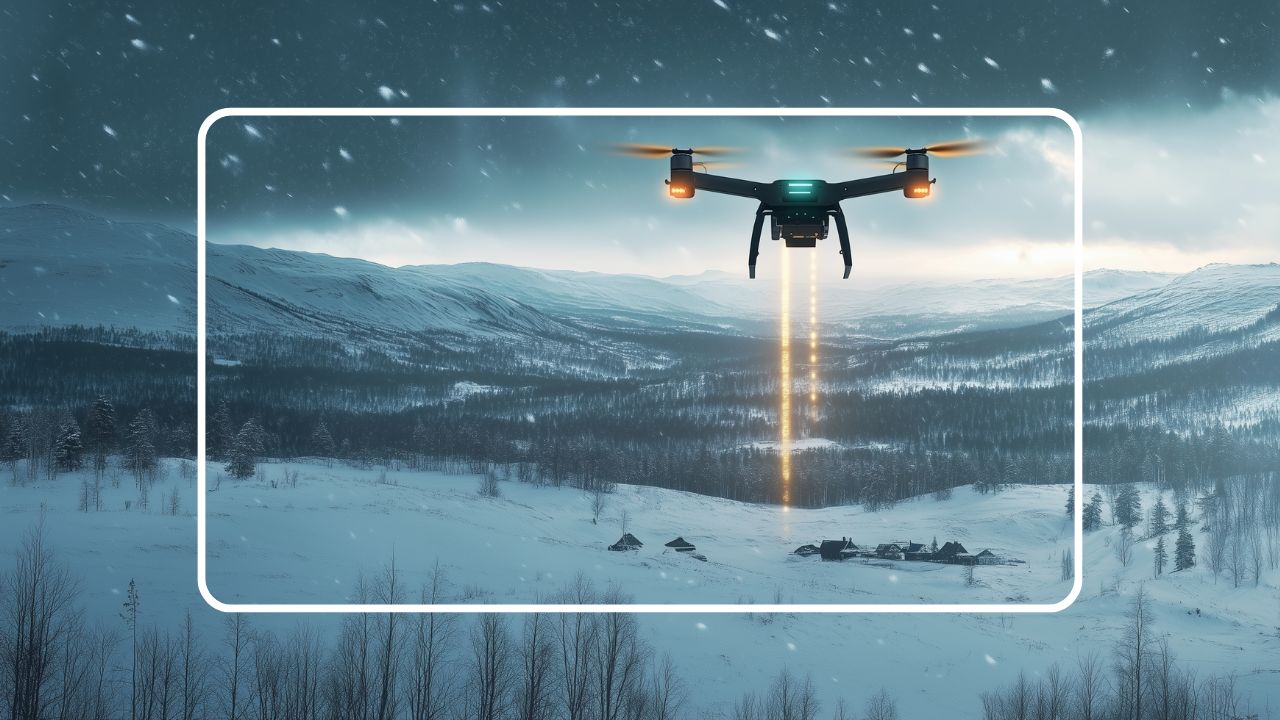 Drone flying over snowy mountains, emitting a vertical beam of light during snowfall