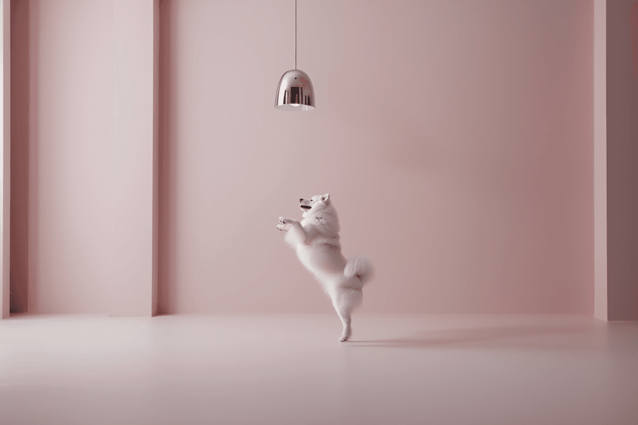 white dog barking at chrome lamp