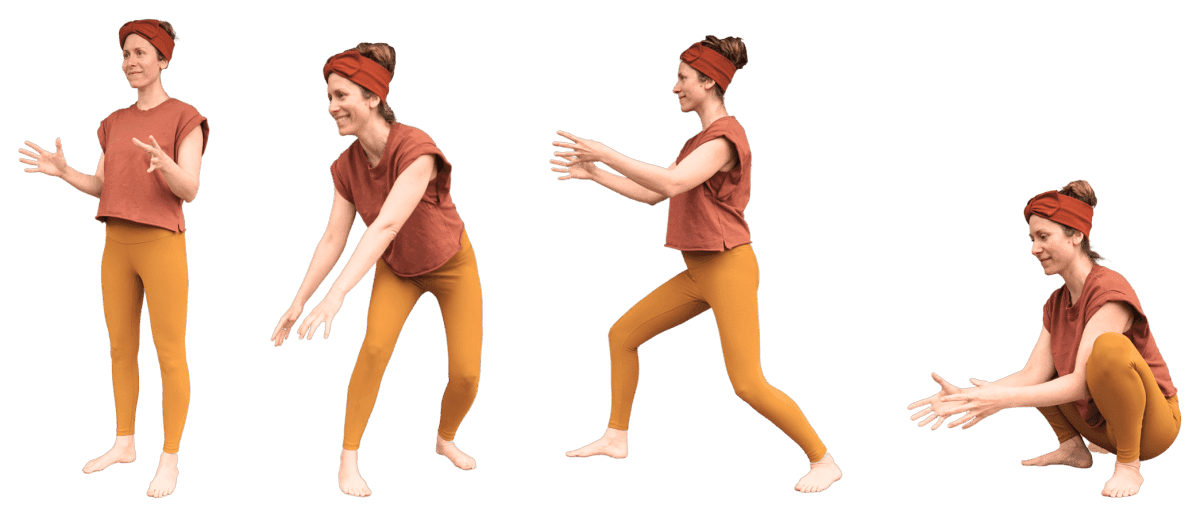 Yoga teacher shown in four assisting stances: standing tall, a wide knees-bent stance, a staggered lunge and a low squat