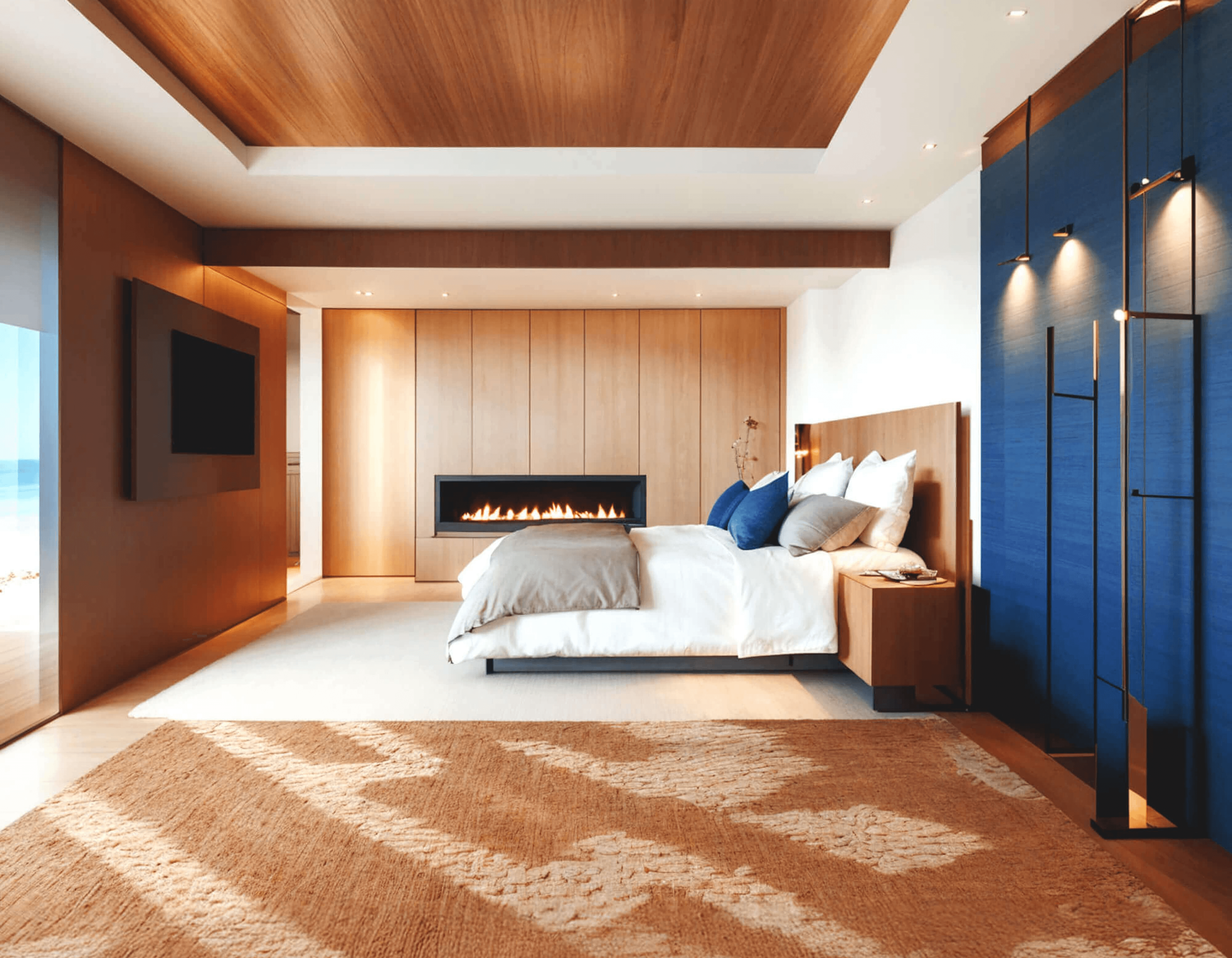 Modern bedroom with wood ceiling, blue accent wall, linear fireplace, and warm lighting.
