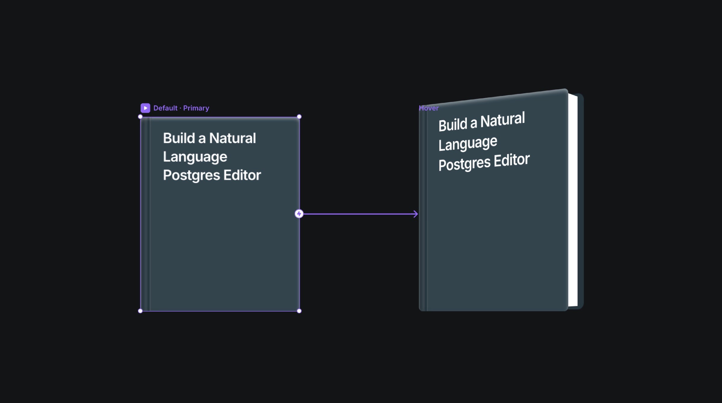 Two 3D book designs connected with a purple arrow, showing hover state transformation