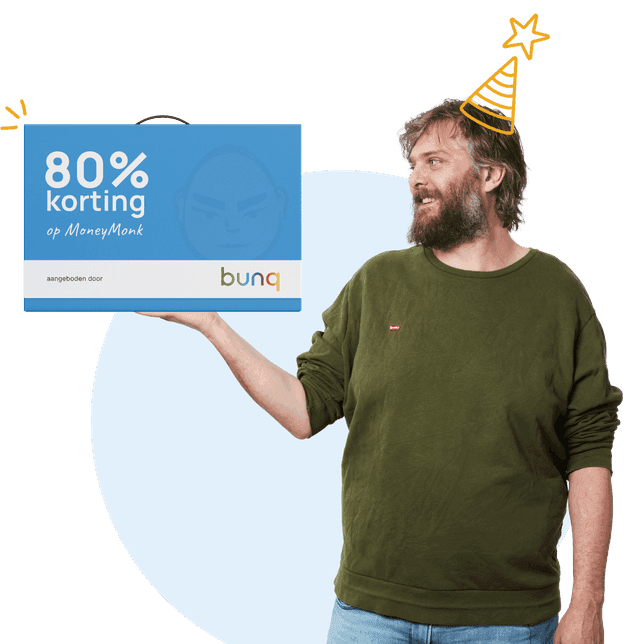 A person holds a blue card displaying "80% Savings" with a friendly expression, set against a light background.