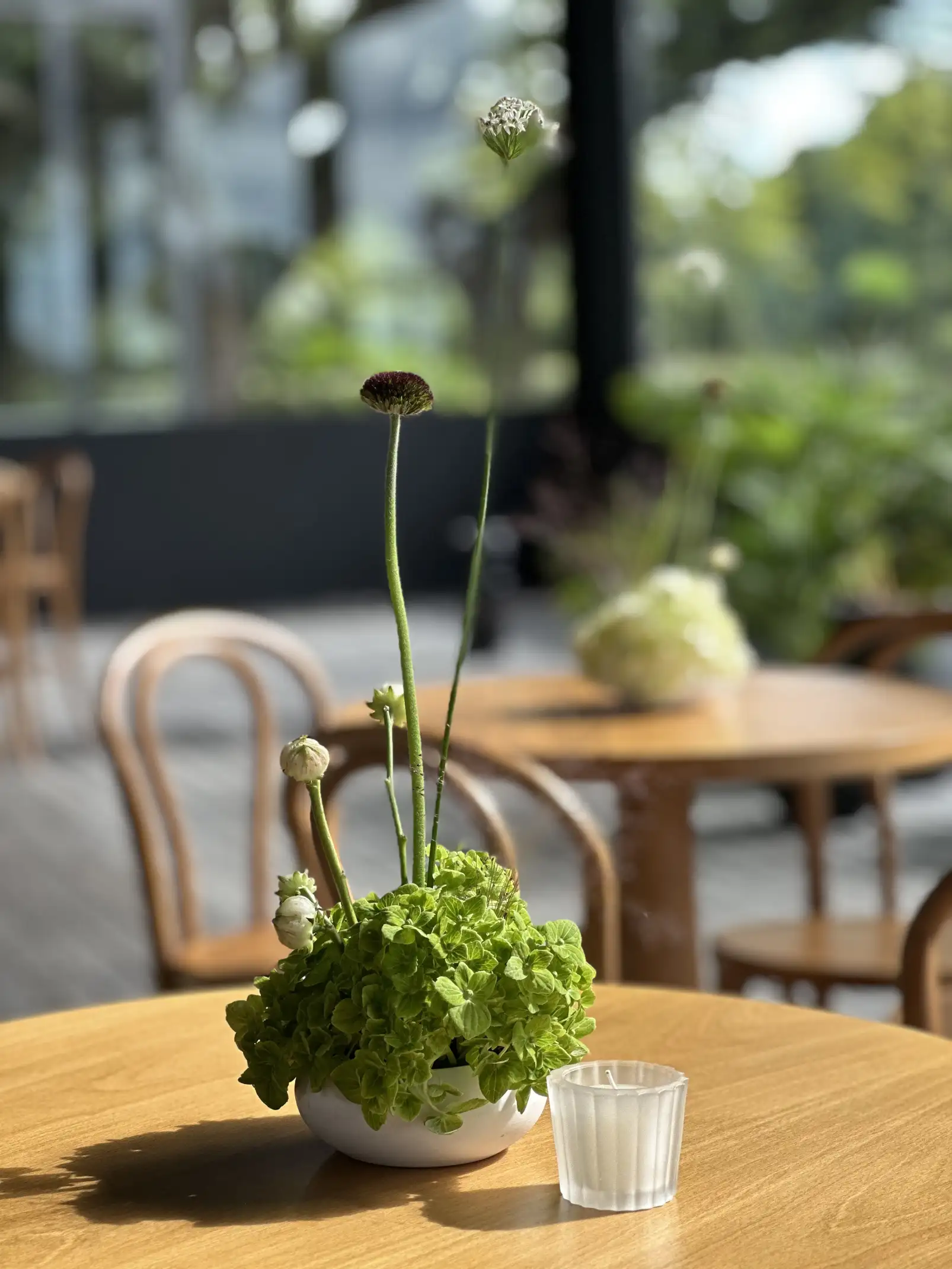 Centro de mesa con flores verdes y velas sobre mesa de madera para cafés o eventos que priorizan frescura y minimalismo.
