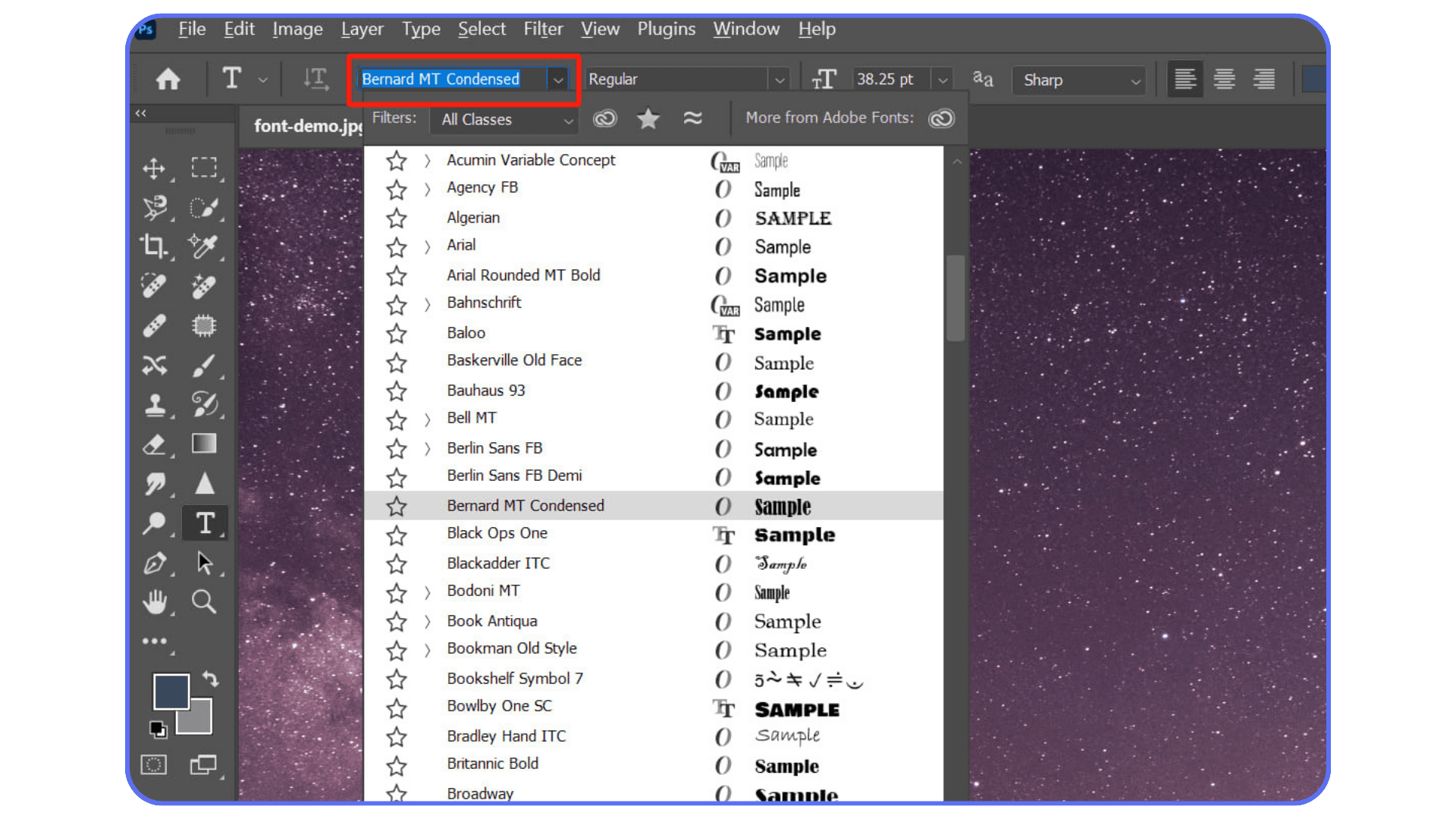 Photoshop font dropdown showing installed fonts in the Type tool menu